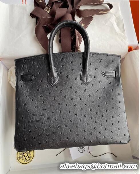 Buy Classic Hermes Birkin 25cm Bag in Ostrich Leather H0025 Black/Silver 2024 (Full Handmade)