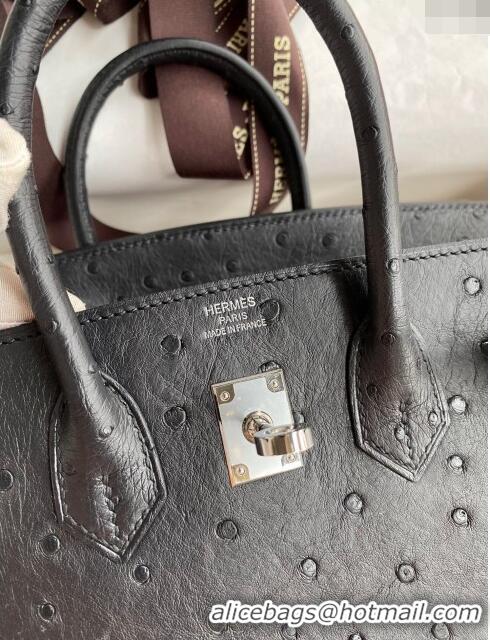 Buy Classic Hermes Birkin 25cm Bag in Ostrich Leather H0025 Black/Silver 2024 (Full Handmade)