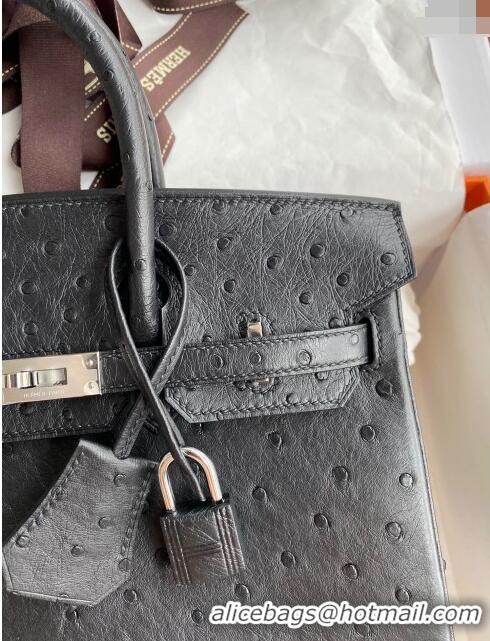 Buy Classic Hermes Birkin 25cm Bag in Ostrich Leather H0025 Black/Silver 2024 (Full Handmade)