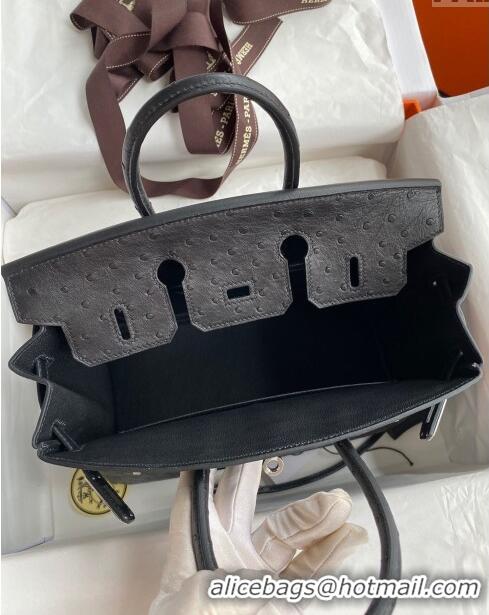 Buy Classic Hermes Birkin 25cm Bag in Ostrich Leather H0025 Black/Silver 2024 (Full Handmade)