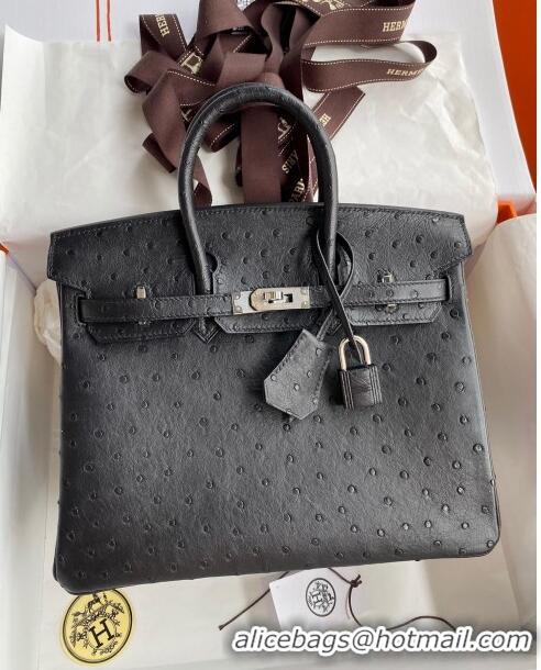 Buy Classic Hermes Birkin 25cm Bag in Ostrich Leather H0025 Black/Silver 2024 (Full Handmade)