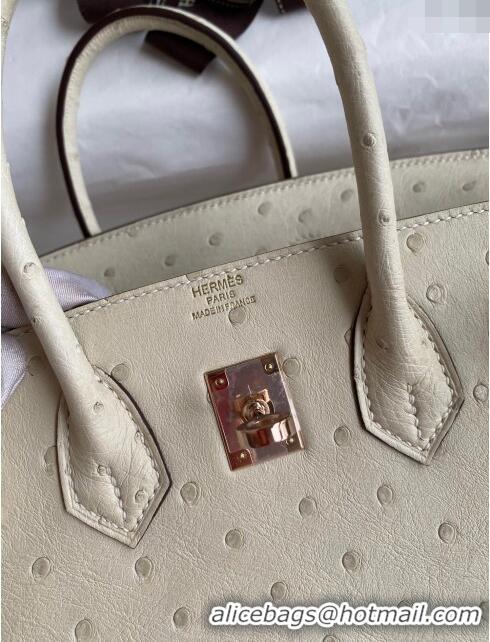 Stylish Hermes Birkin 25cm Bag in Ostrich Leather H0025 Wool White/Pink Gold 2024 (Full Handmade)