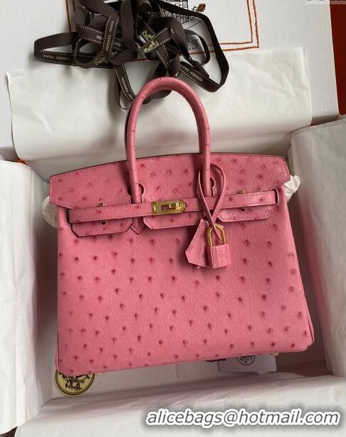 Grade Quality Hermes Birkin 25cm Bag in Ostrich Leather H0025 Bubble Pink/Gold 2024 (Full Handmade)