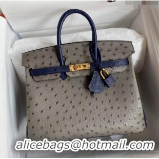 New Cheap Hermes Birkin 25cm Bag in Ostrich Leather H0025 Turtledove Grey/Blue/Silver 2024 (Full Handmade)