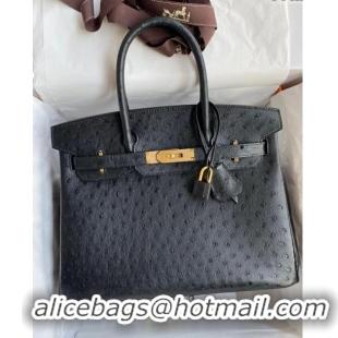 Modern Classic Hermes Birkin 25cm Bag in Ostrich Leather H0025 Black/Gold 2024 (Full Handmade)