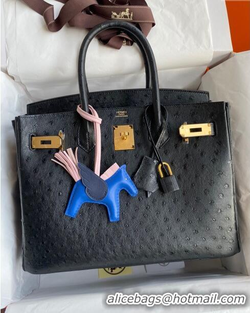 Modern Classic Hermes Birkin 25cm Bag in Ostrich Leather H0025 Black/Gold 2024 (Full Handmade)