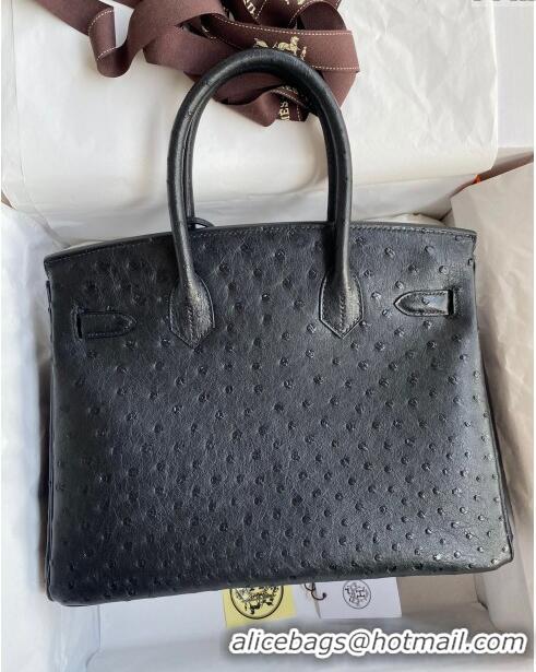 Modern Classic Hermes Birkin 25cm Bag in Ostrich Leather H0025 Black/Gold 2024 (Full Handmade)