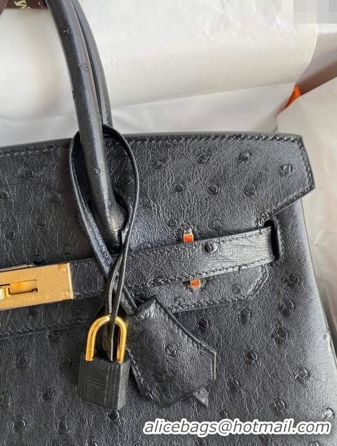 Modern Classic Hermes Birkin 25cm Bag in Ostrich Leather H0025 Black/Gold 2024 (Full Handmade)