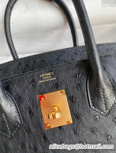 Modern Classic Hermes Birkin 25cm Bag in Ostrich Leather H0025 Black/Gold 2024 (Full Handmade)