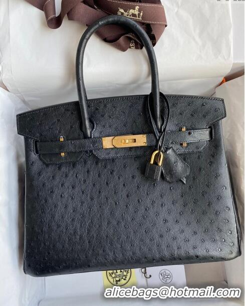 Modern Classic Hermes Birkin 25cm Bag in Ostrich Leather H0025 Black/Gold 2024 (Full Handmade)