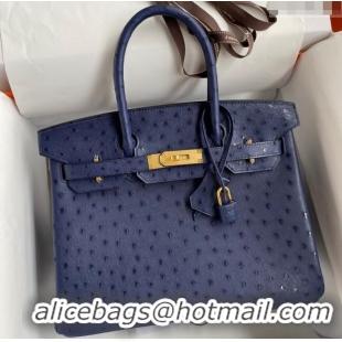 Buy New Cheap Hermes Birkin 25cm Bag in Ostrich Leather H0025 Blue/Gold 2024 (Full Handmade)