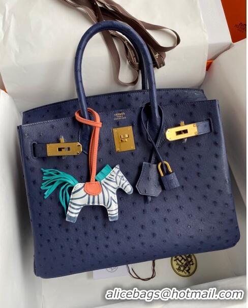 Buy New Cheap Hermes Birkin 25cm Bag in Ostrich Leather H0025 Blue/Gold 2024 (Full Handmade)