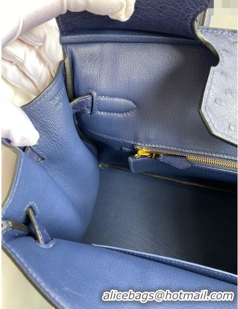 Buy New Cheap Hermes Birkin 25cm Bag in Ostrich Leather H0025 Blue/Gold 2024 (Full Handmade)