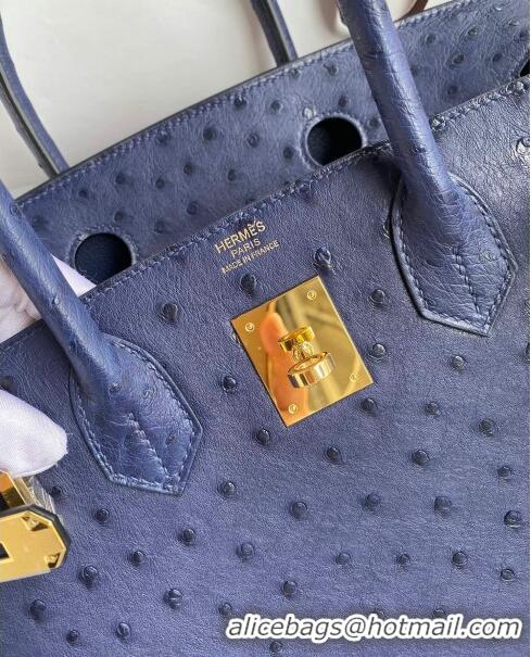 Buy New Cheap Hermes Birkin 25cm Bag in Ostrich Leather H0025 Blue/Gold 2024 (Full Handmade)