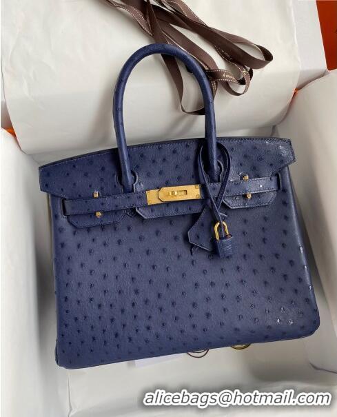 Buy New Cheap Hermes Birkin 25cm Bag in Ostrich Leather H0025 Blue/Gold 2024 (Full Handmade)