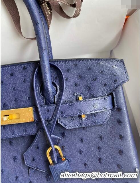 Buy New Cheap Hermes Birkin 25cm Bag in Ostrich Leather H0025 Blue/Gold 2024 (Full Handmade)