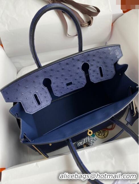 Buy New Cheap Hermes Birkin 25cm Bag in Ostrich Leather H0025 Blue/Gold 2024 (Full Handmade)