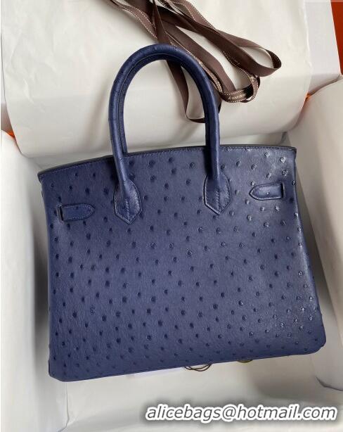 Buy New Cheap Hermes Birkin 25cm Bag in Ostrich Leather H0025 Blue/Gold 2024 (Full Handmade)