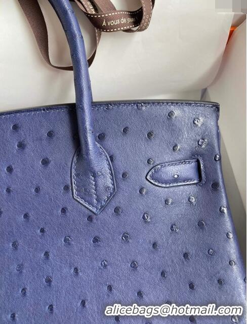 Buy New Cheap Hermes Birkin 25cm Bag in Ostrich Leather H0025 Blue/Gold 2024 (Full Handmade)