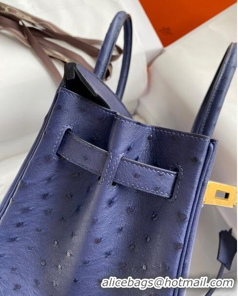 Buy New Cheap Hermes Birkin 25cm Bag in Ostrich Leather H0025 Blue/Gold 2024 (Full Handmade)