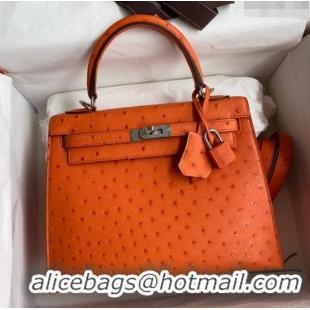 Discount Hermes Kelly 25cm Bag in Ostrich Leather H0025 Orange/Silver 2024 (Full Handmade)