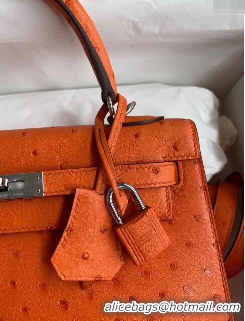 Discount Hermes Kelly 25cm Bag in Ostrich Leather H0025 Orange/Silver 2024 (Full Handmade)