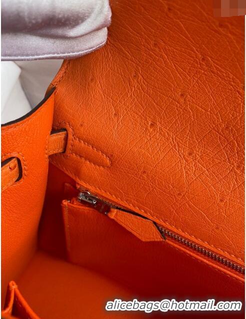 Discount Hermes Kelly 25cm Bag in Ostrich Leather H0025 Orange/Silver 2024 (Full Handmade)