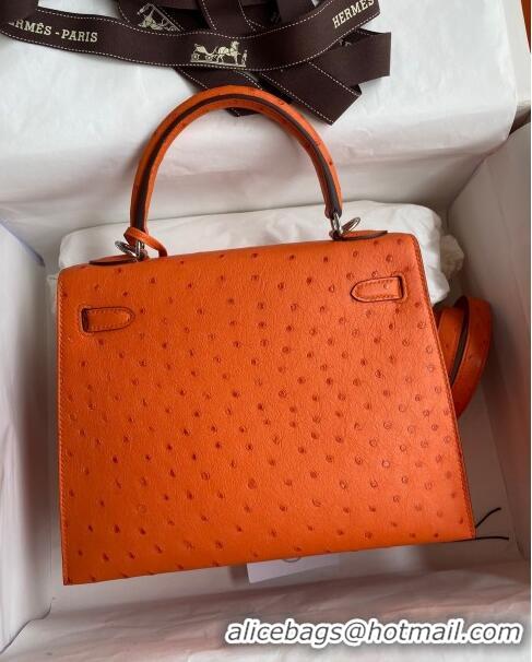 Discount Hermes Kelly 25cm Bag in Ostrich Leather H0025 Orange/Silver 2024 (Full Handmade)