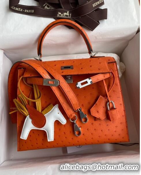 Discount Hermes Kelly 25cm Bag in Ostrich Leather H0025 Orange/Silver 2024 (Full Handmade)