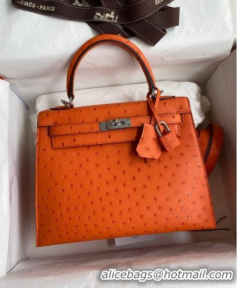 Discount Hermes Kelly 25cm Bag in Ostrich Leather H0025 Orange/Silver 2024 (Full Handmade)