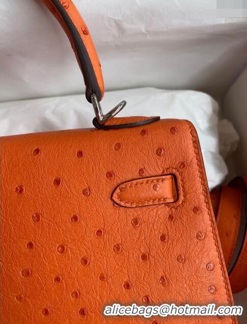 Discount Hermes Kelly 25cm Bag in Ostrich Leather H0025 Orange/Silver 2024 (Full Handmade)