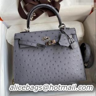 Buy New Hermes Kelly 25cm Bag in Ostrich Leather HK025 Agate Grey/Silver 2024 (Full Handmade)