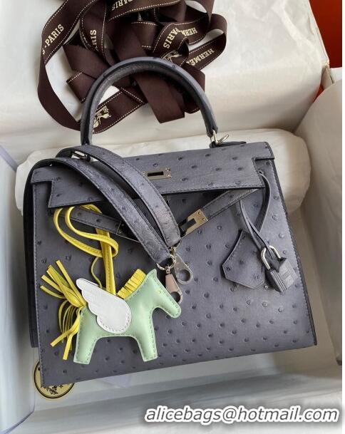 Buy New Hermes Kelly 25cm Bag in Ostrich Leather HK025 Agate Grey/Silver 2024 (Full Handmade)