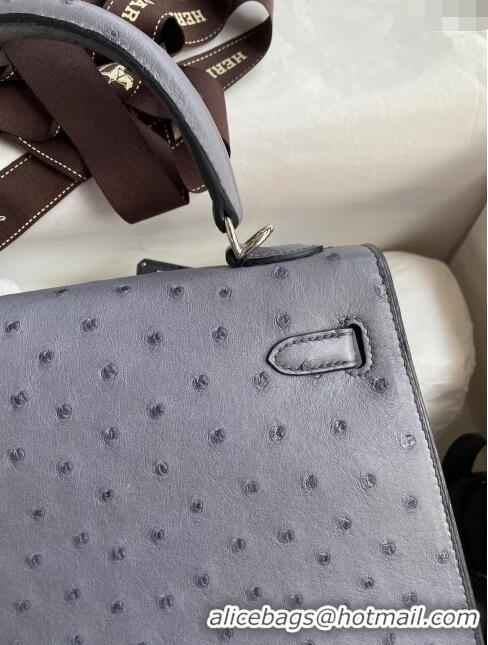 Buy New Hermes Kelly 25cm Bag in Ostrich Leather HK025 Agate Grey/Silver 2024 (Full Handmade)