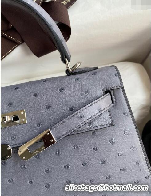 Buy New Hermes Kelly 25cm Bag in Ostrich Leather HK025 Agate Grey/Silver 2024 (Full Handmade)