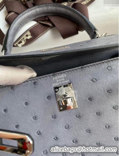 Buy New Hermes Kelly 25cm Bag in Ostrich Leather HK025 Agate Grey/Silver 2024 (Full Handmade)