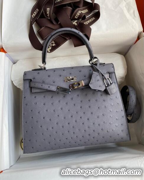 Buy New Hermes Kelly 25cm Bag in Ostrich Leather HK025 Agate Grey/Silver 2024 (Full Handmade)