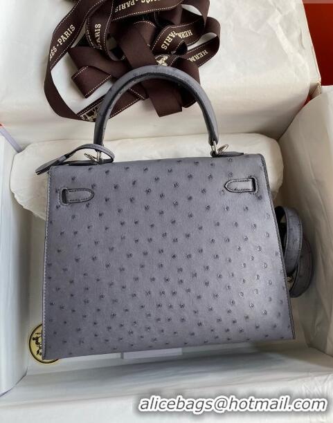 Buy New Hermes Kelly 25cm Bag in Ostrich Leather HK025 Agate Grey/Silver 2024 (Full Handmade)