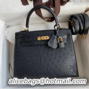 Shop Classic Hermes Kelly 25cm Bag in Ostrich Leather HK025 Black/Gold 2024 (Full Handmade)