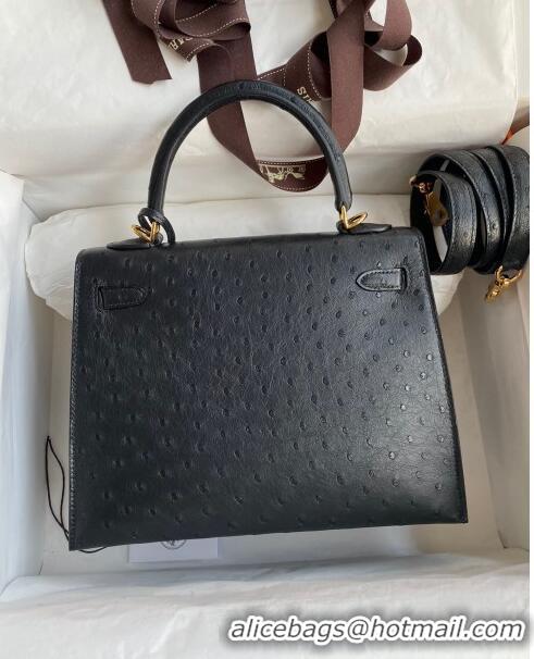 Shop Classic Hermes Kelly 25cm Bag in Ostrich Leather HK025 Black/Gold 2024 (Full Handmade)