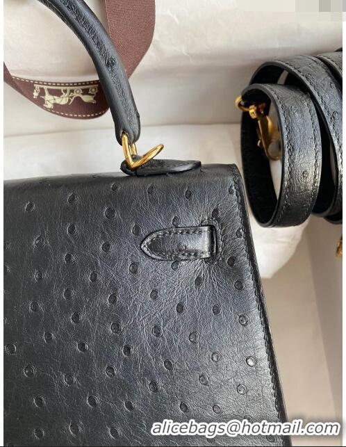 Shop Classic Hermes Kelly 25cm Bag in Ostrich Leather HK025 Black/Gold 2024 (Full Handmade)