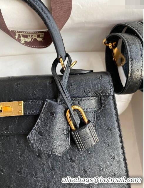 Shop Classic Hermes Kelly 25cm Bag in Ostrich Leather HK025 Black/Gold 2024 (Full Handmade)