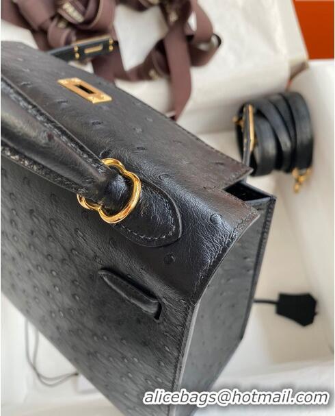 Shop Classic Hermes Kelly 25cm Bag in Ostrich Leather HK025 Black/Gold 2024 (Full Handmade)