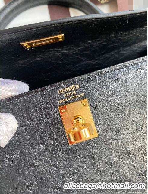 Shop Classic Hermes Kelly 25cm Bag in Ostrich Leather HK025 Black/Gold 2024 (Full Handmade)