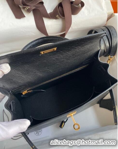 Shop Classic Hermes Kelly 25cm Bag in Ostrich Leather HK025 Black/Gold 2024 (Full Handmade)