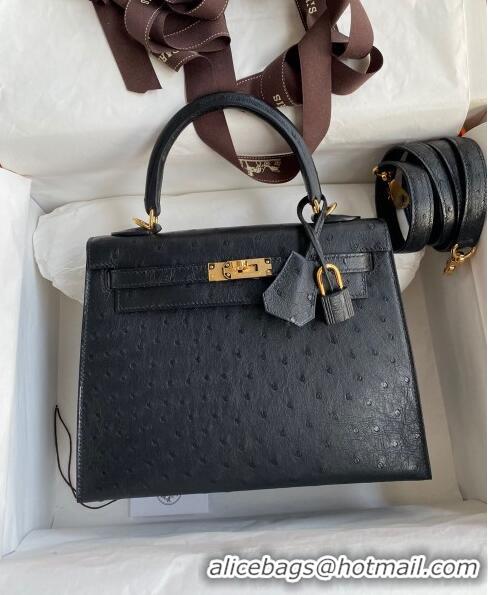 Shop Classic Hermes Kelly 25cm Bag in Ostrich Leather HK025 Black/Gold 2024 (Full Handmade)