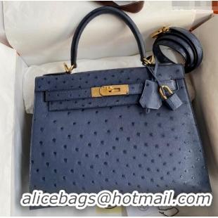 Buy Sophisticated Hermes Kelly 25cm Bag in Ostrich Leather HK025 Blue/Gold 2024 (Full Handmade)