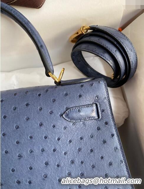 Buy Sophisticated Hermes Kelly 25cm Bag in Ostrich Leather HK025 Blue/Gold 2024 (Full Handmade)