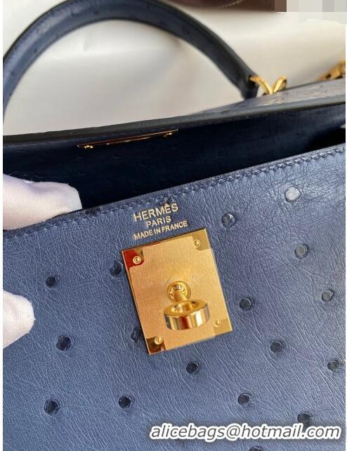 Buy Sophisticated Hermes Kelly 25cm Bag in Ostrich Leather HK025 Blue/Gold 2024 (Full Handmade)