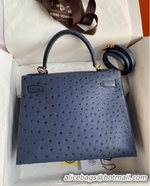 Buy Sophisticated Hermes Kelly 25cm Bag in Ostrich Leather HK025 Blue/Gold 2024 (Full Handmade)